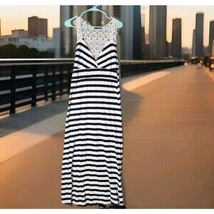 Atmosphere Striped Maxi Dress Crochet Back Stretchy Size 12 Casual Beachy Chic